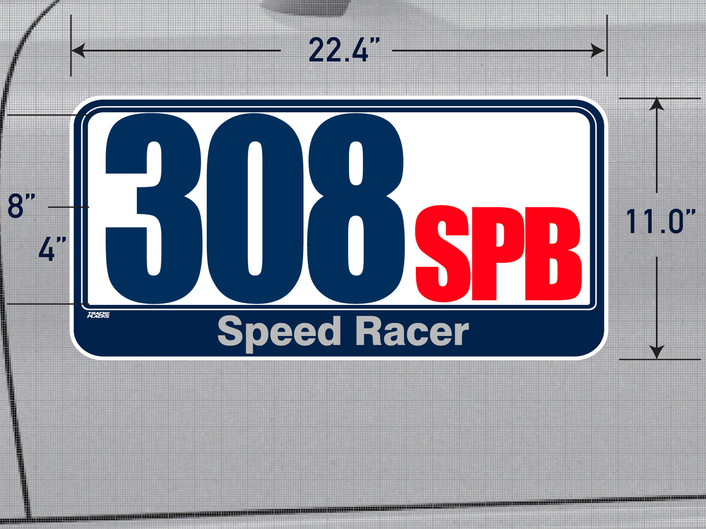 Size diagram, 308 SPB, navy on white, Speed Racer footer TrackPlacks CLUB Basic regulation race number plate – size diagram 22 x 11 inch, navy on white, number 308, class SPB in red, footer Speed Racer