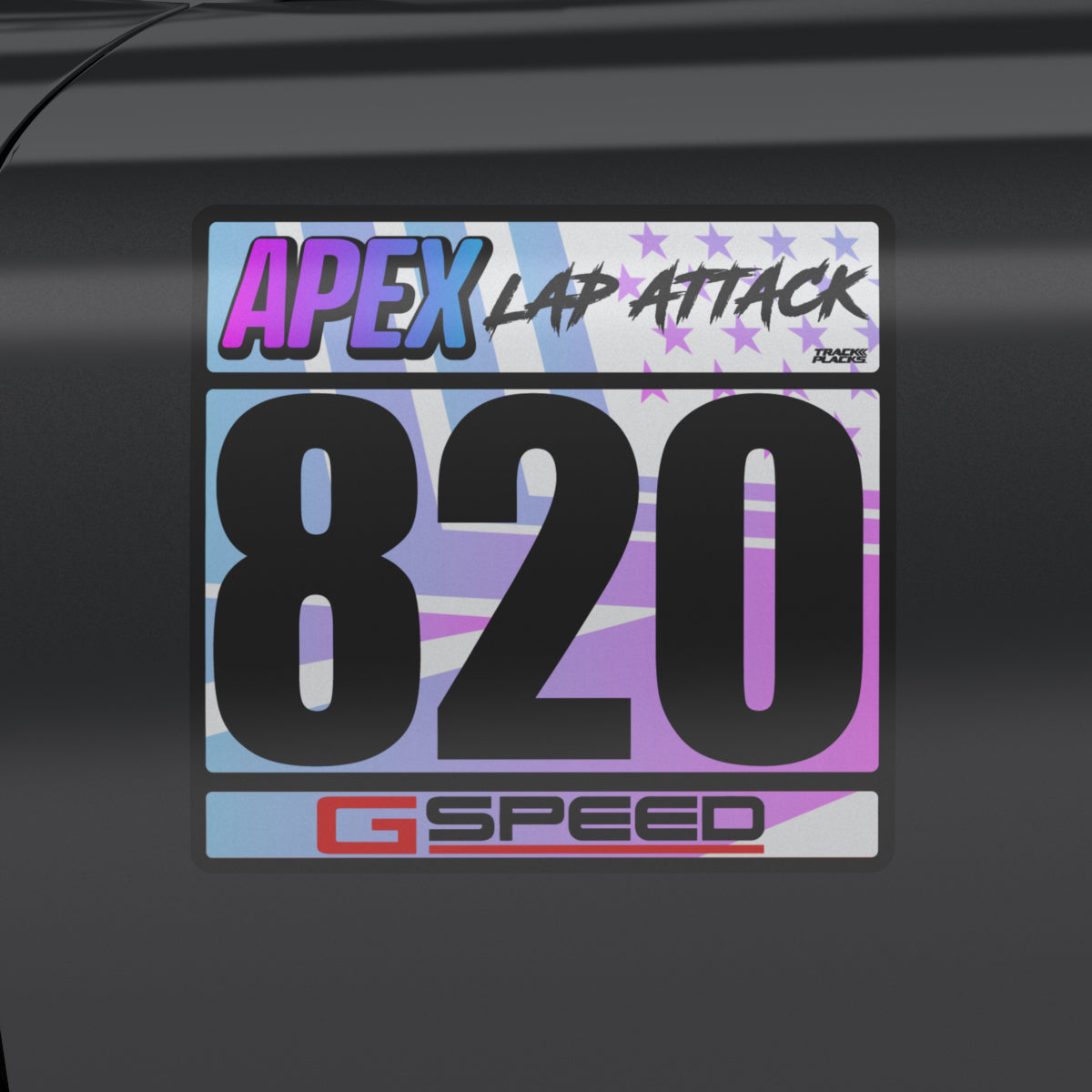 rackPlacks Apex HPDE Lap Attack racing number plate – holographic blue-pink gradient, black number 820, Apex Lap Attack header, G Speed footer, applied to car door