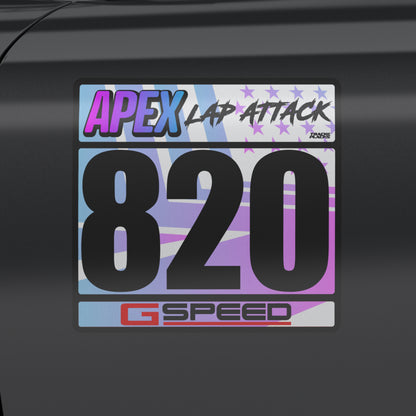 rackPlacks Apex HPDE Lap Attack racing number plate – holographic blue-pink gradient, black number 820, Apex Lap Attack header, G Speed footer, applied to car door