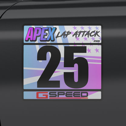 TrackPlacks Apex HPDE Lap Attack racing number plate – holographic blue-pink gradient, black number 25, Apex Lap Attack header, G Speed footer, applied to car door