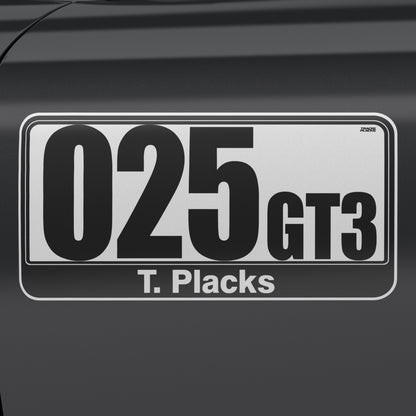 025 GT3, black on white, T. Placks footer TrackPlacks CLUB Basic regulation race number plate – black on white, number 025, class GT3, custom footer T. Placks, applied to car door