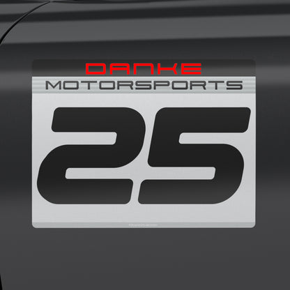 rackPlacks PMS Grid Plate 3-digit racing number plate in silver and black with custom team name Danke in red Motorsports and driver number 25 applied to car door
